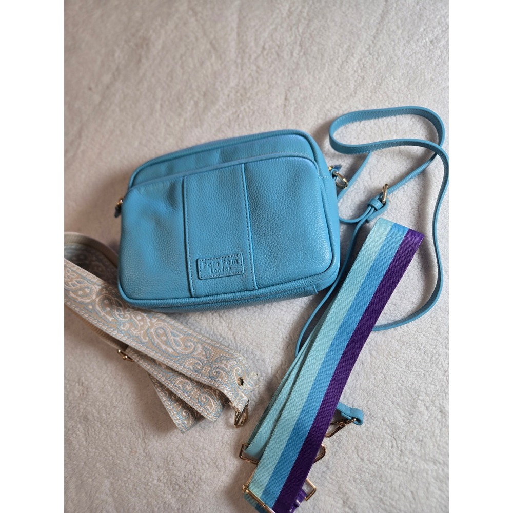 Pom Pom London Blue Pebbled Leather Crossbody Bag with 3 Interchangeable Straps